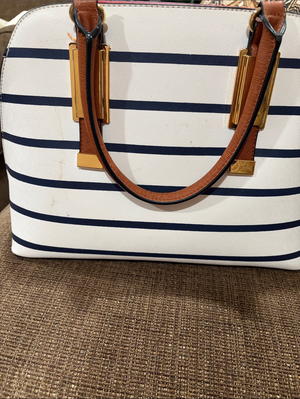 Aldo Navy and White Striped Satchel with Brown Handles